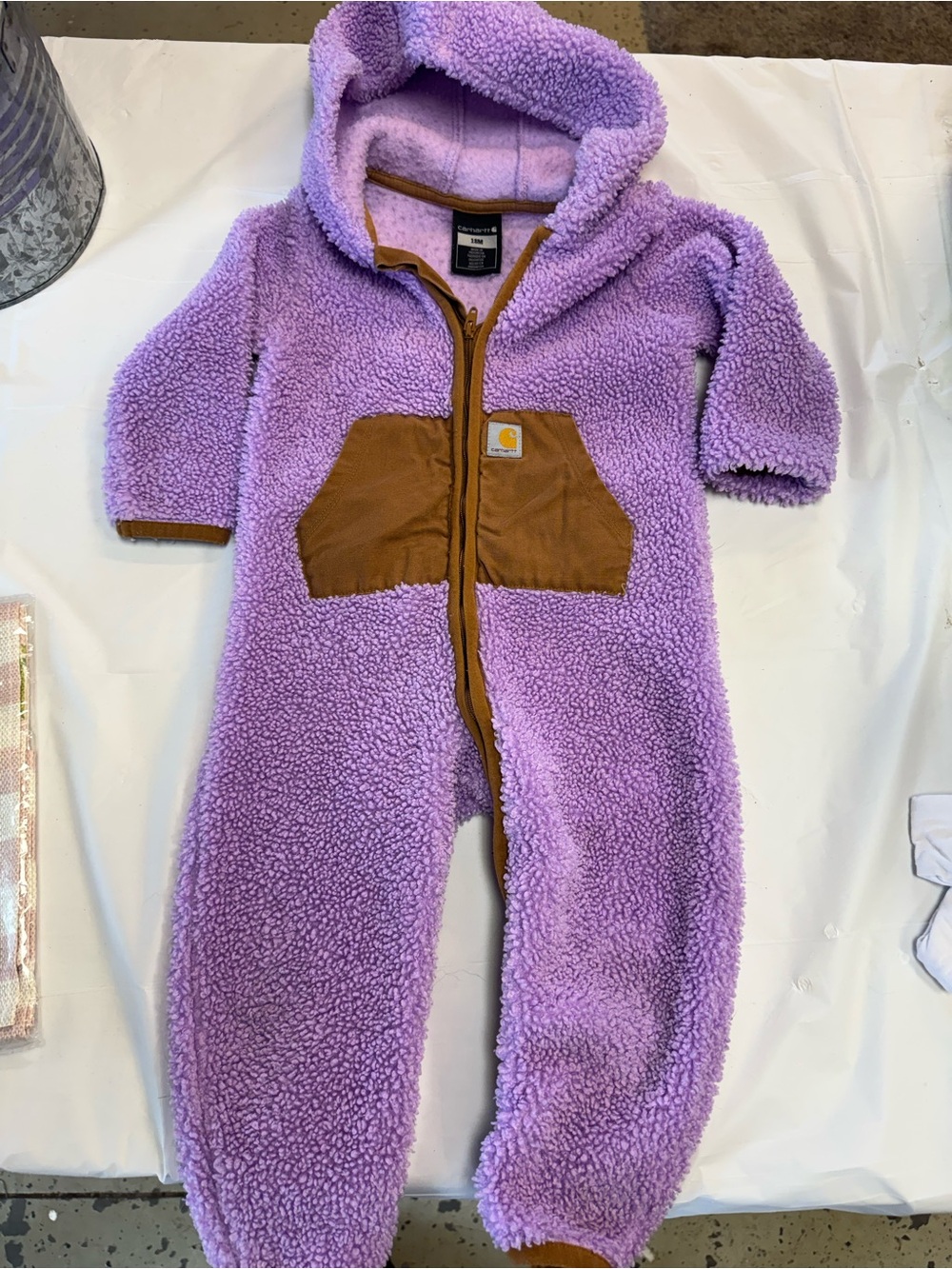 Carhartt Purple Sherpa Hooded One-Piece Romper with Brown Pocket